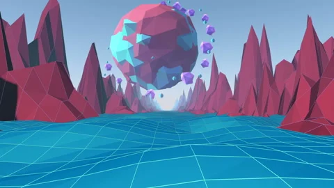 Low Poly planet and landscape in red and blue Stock Footage 235634317