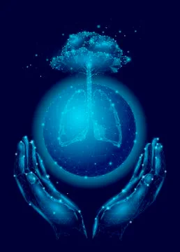 Low poly planet Earth lungs tree in hands. Ecological business nature save fo Stock Illustration