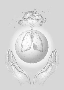 Low poly planet Earth lungs tree in hands. Ecological business nature save fo Stock-Illustration