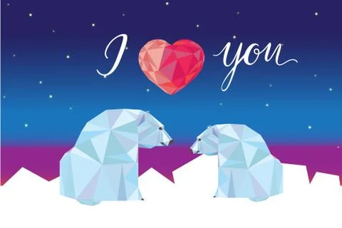 Low poly polar bears sitting on ice and looking each other. Stock Illustration