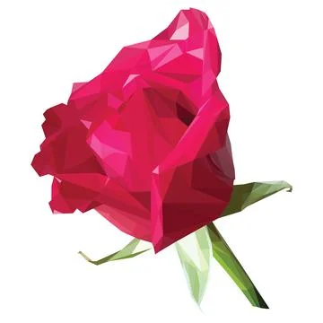 Low poly polygon rose pink flower isolated on green stem romance. Stock Illustration