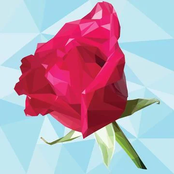 Low poly polygon rose pink flower isolated on green stem romance. Stock Illustration