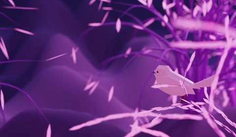 Low poly polygonal bird sitting on a branch pink tree in fairy forest, 3d render Stock Illustration