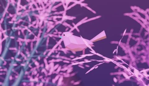 Low poly polygonal bird sitting on a branch pink tree in fairy forest Illustrazione stock