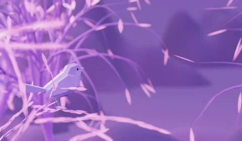 Low poly polygonal bird sitting on a branch purple tree in fairy forest Stock Illustration