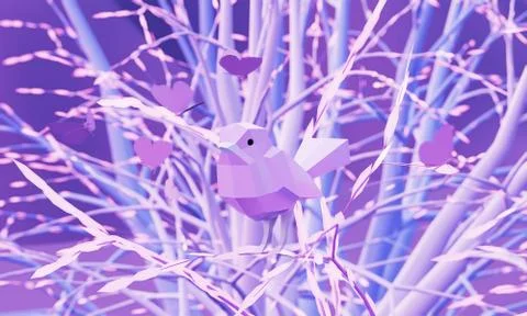 Low poly polygonal pink bird tit and butterflies on a pink tree branches Stock Illustration