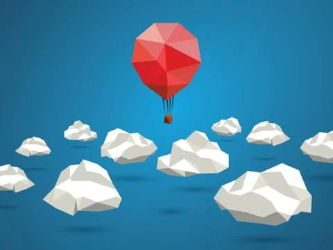 Low poly red balloon flying between polygonal clouds in the sky. Business Stock Illustration