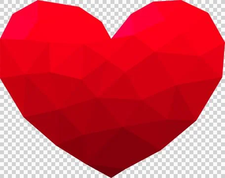 Low-poly red heart is floating on transparent background, showing faceted Stock Illustration