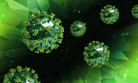 Low poly render of the coronavirus infection model on a geometric background. Stock Illustration