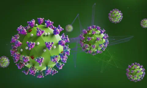 Low poly render of the coronavirus model on a green background.  Stock Illustration