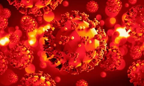 Low poly render of the virus model on a red background. Stylized illustration Stock Illustration
