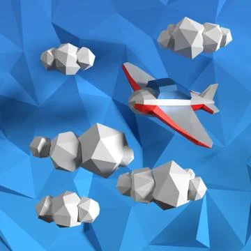 Low poly sky with clouds and small airplane Stock Illustration