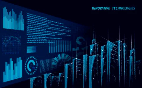 Low poly smart city 3D wire mesh. Intelligent building automation system Stock Illustration