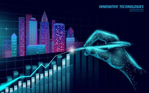 Low poly smart city 3D growing graph. Intelligent building automation system Stock Illustration