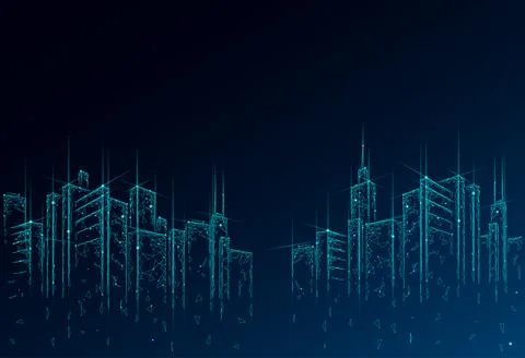 Low poly smart city 3D wire mesh. Intelligent building automation system Ilustración de archivo