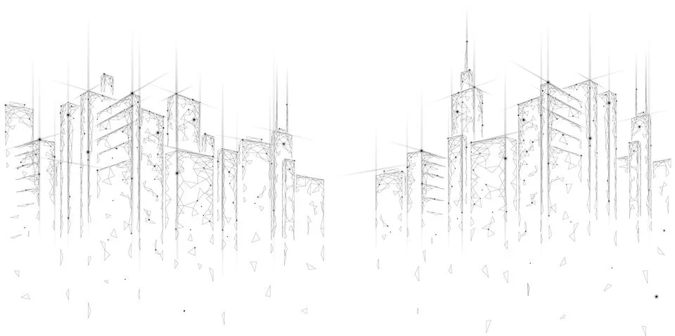 Low poly smart city 3D wire mesh. Intelligent building automation system Ilustración de archivo