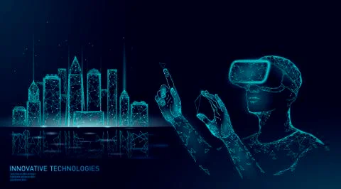 Low poly smart city intelligent building automation. VR helmet augmented reality Ilustración de archivo