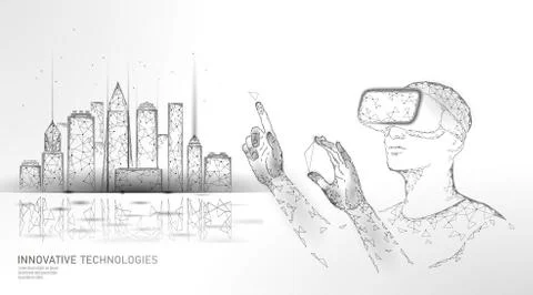 Low poly smart city intelligent building automation. VR helmet augmented reality Ilustración de archivo