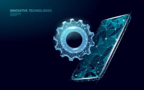 Low poly smartphone process concept. Polygonal phone with gear innovation Stock-Illustration