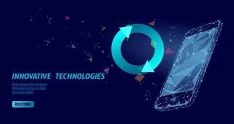 Low poly smartphone update system. Triangle polygonal geometric design connected Stock Illustration
