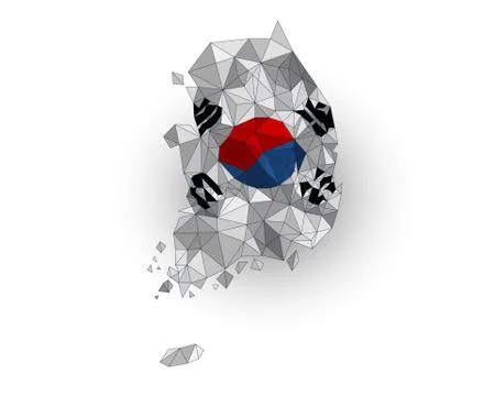 Low poly South Korea map on a waving flag Stock Illustration