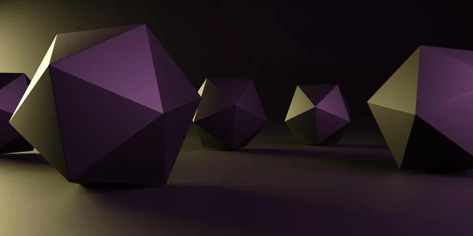 Low poly sphere geometry primitives or icosahedrons with yellow and violet li Stock Illustration