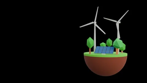 Low poly spherical floating island with wind turbines, solar panels and trees Stock Footage 310309960