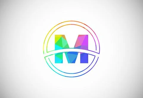 Low poly style letter M with a circle frame. Graphic alphabet symbol for co.. Stock Illustration