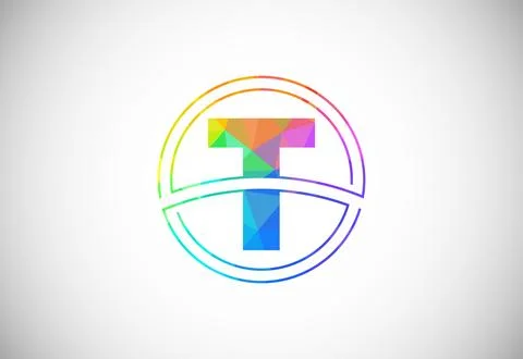 Low poly style letter T with a circle frame. Graphic alphabet symbol for co.. Stock Illustration