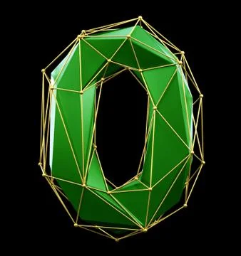Low poly style number 0. Green and gold color isolated on black background. 3d Stock Illustration
