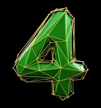 Low poly style number 4. Green and gold color isolated on black background. 3d Stock Illustration
