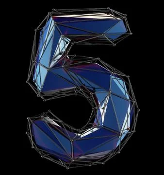 Low poly style number 5. Blue color isolated on black background. 3d Illustrazione stock