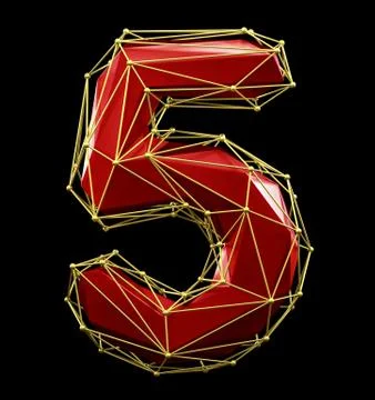 Low poly style number 5. Red and gold color isolated on black background. 3d Stock Illustration