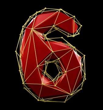 Low poly style number 6. Red and gold color isolated on black background. 3d Stock Illustration