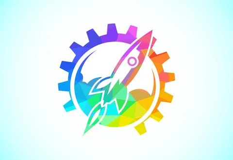 Low poly style rocket, space ship logo template, Creative rocket circle log.. Stock Illustration