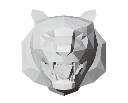 Low poly tiger head in full face, gray color, 3d render Stock-Illustration
