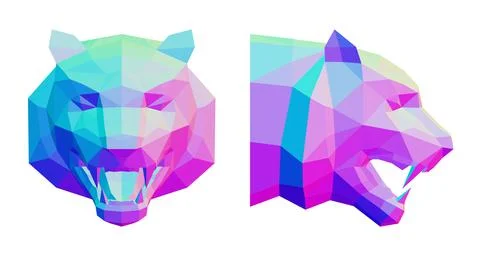 Low poly tiger head in profile and full face, bright blue magenta, 3d render Stock Illustration