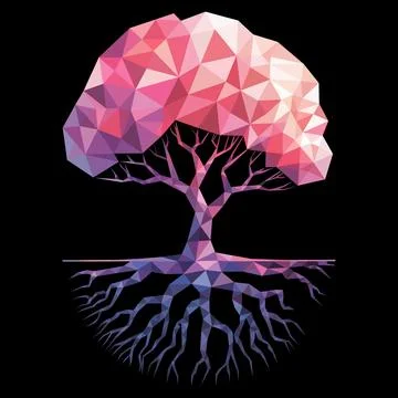Low Poly Tree of Life with Roots on Black Background Stock Illustration