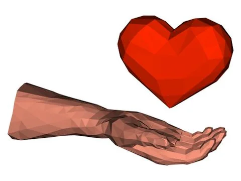 Low poly triangle heart in polygonal hand Stock Illustration