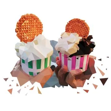 Low poly two cups with ice cream balls and round waffles. Vector drawing of a Stock Illustration