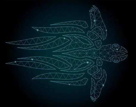 Low poly vector art with blue shiny linear turtle Stock Illustration