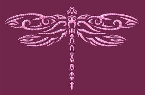 Low poly vector art with pink dragonfly silhouette Stock Illustration