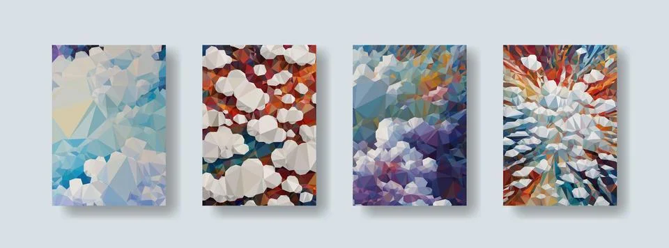 Low poly vertical abstract colorful flyers with cartoon clouds, collections.. Stock Illustration