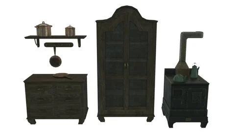 Low Poly Victorian Kitchen Set - Vintage Kitchen Stove and Utensils 3D Model