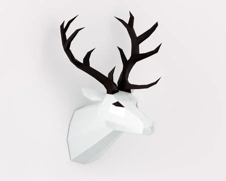Low poly white deer trophy with black horns on white background Stock Illustration