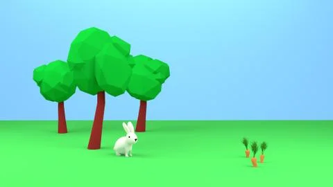 Low poly white rabbit, green trees and carrots, easter 3d rendering illustation Stock Illustration