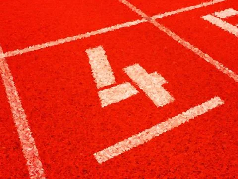Low poly. White track number on red rubber racetrack, texture of running race Stock Illustration