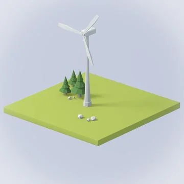 Low poly wind turbine on a flying island. Green energy concept Stock Illustration