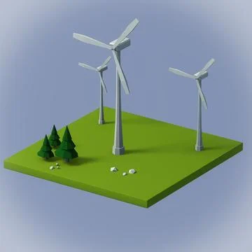 Low poly wind turbine on a flying island. Green energy concept Stock Illustration