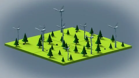 Low poly wind turbine on a flying island. Green energy concept Stock Illustration